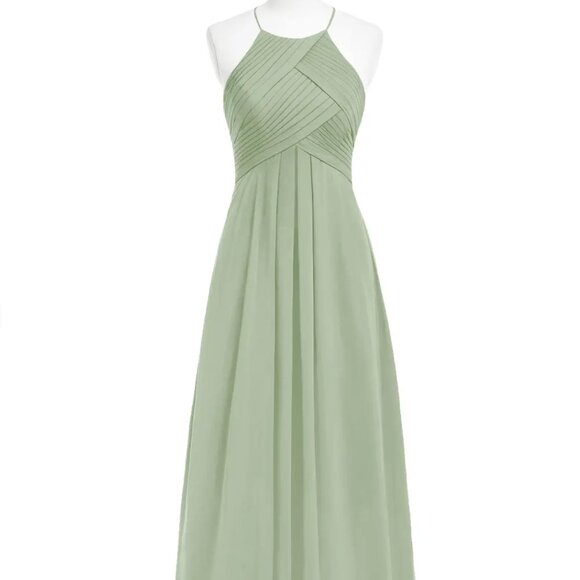 Azazie Ginger Dusty Sage A-Line Halter Pleated Chiffon Dress - Picture 1 of 5